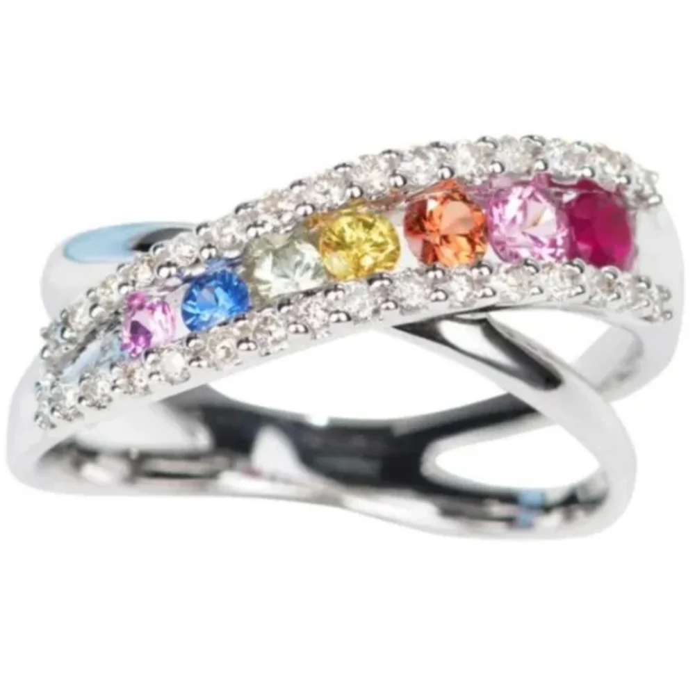 Elegant Multicolor Gemstone Silvery Ring Sz 7
